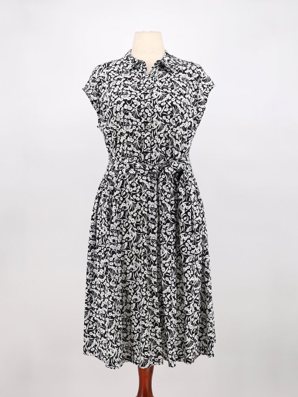 NWT BODEN Black & White Floral Print Tie Waist A-Line Jersey Knit Dress Size 12P